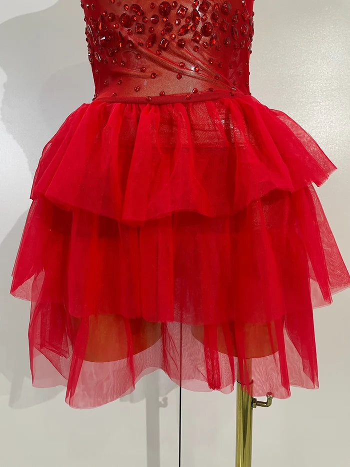 Turn heads in the Laura red rhinestone strapless mesh mini dress. Sexy bodycon party dress for birthdays, clubs, cocktail parties, and events.