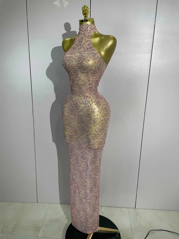 Lauren Pink Diamond Mesh See Through Evening Gown