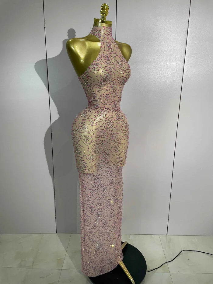 Lauren Pink Diamond Mesh See Through Evening Gown
