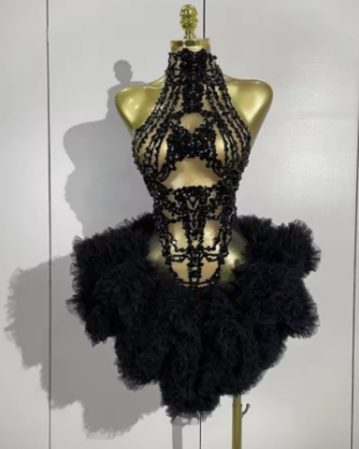 Layla Black Diamonds Mesh Sexy See-Through Cocktail Mini Dress