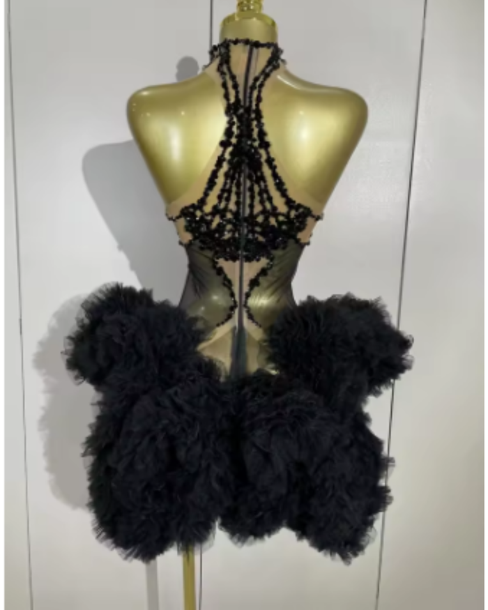 Layla Black Diamonds Mesh Sexy See-Through Cocktail Mini Dress