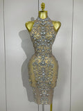 sparkly crystal diamond see-through stretch mesh dress, perfect for nightclub, stage performance, evening, and birthday parties.