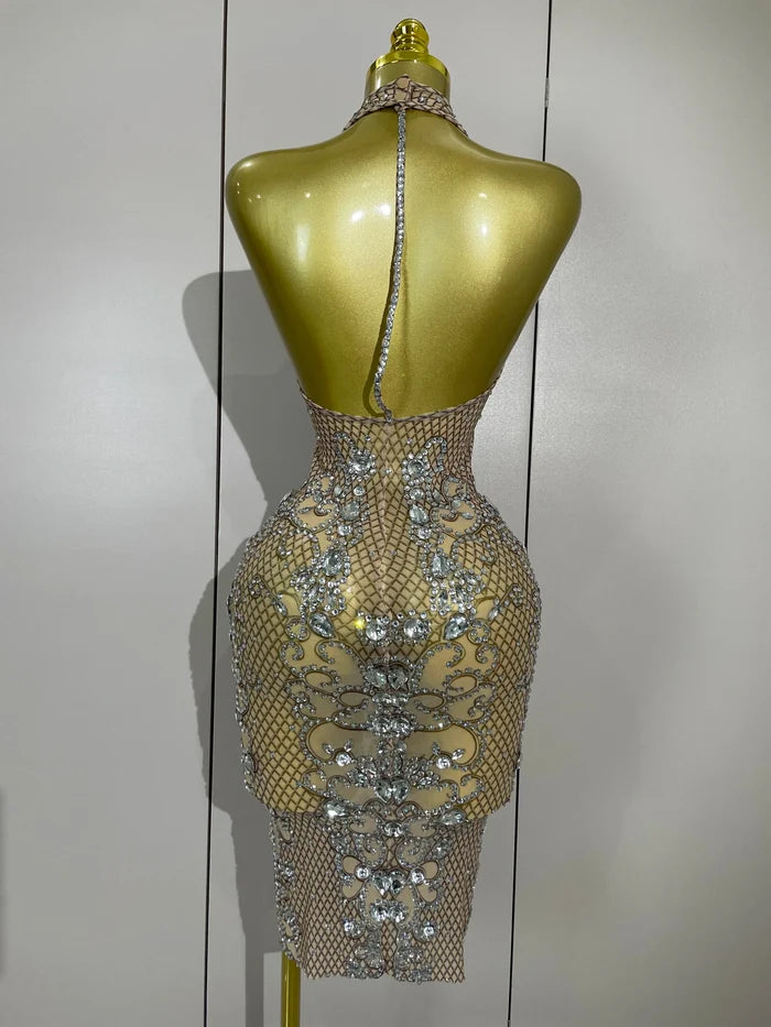 sparkly crystal diamond see-through stretch mesh dress, perfect for nightclub, stage performance, evening, and birthday parties.