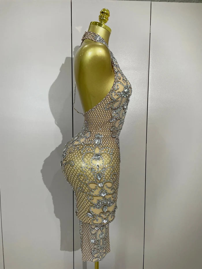 sparkly crystal diamond see-through stretch mesh dress, perfect for nightclub, stage performance, evening, and birthday parties.