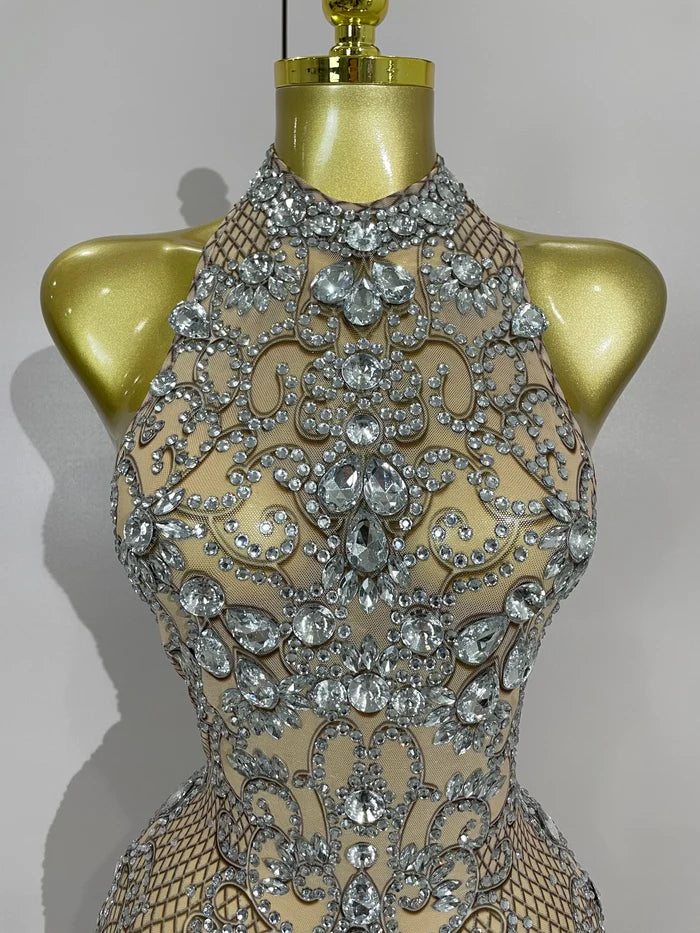 sparkly crystal diamond see-through stretch mesh dress, perfect for nightclub, stage performance, evening, and birthday parties.