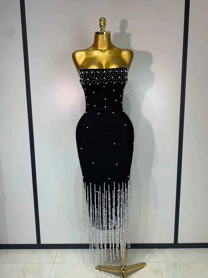Lena Pearl Beaded Strapless Backless Midi Bandage Dress