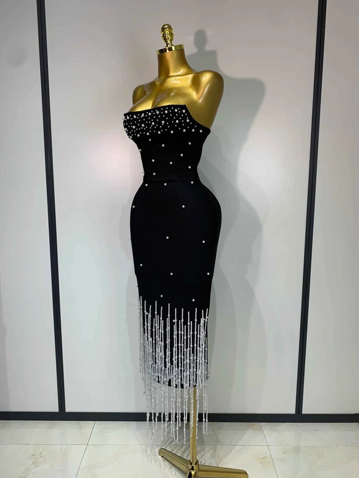 Lena Pearl Beaded Strapless Backless Midi Bandage Dress