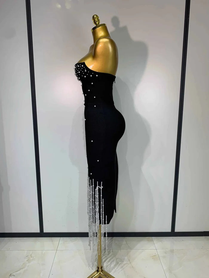 Lena Pearl Beaded Strapless Backless Midi Bandage Dress