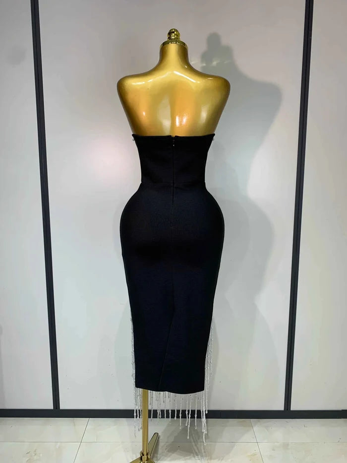 Lena Pearl Beaded Strapless Backless Midi Bandage Dress