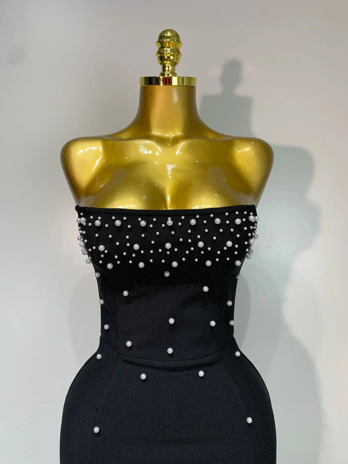 Lena pearl beaded strapless backless midi bandage dress for women. Elegant black cocktail dress for parties and evening events.