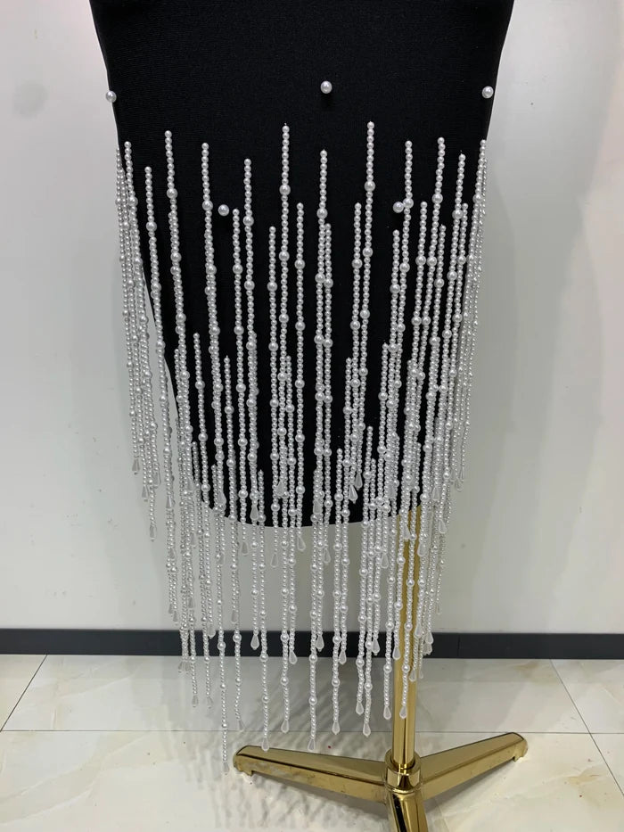 Lena pearl beaded strapless backless midi bandage dress for women. Elegant black cocktail dress for parties and evening events.