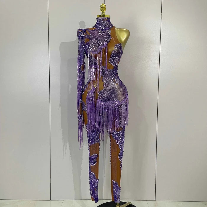 Leonna Purple Diamond Tassel One Shoulder Mesh Jumpsuit