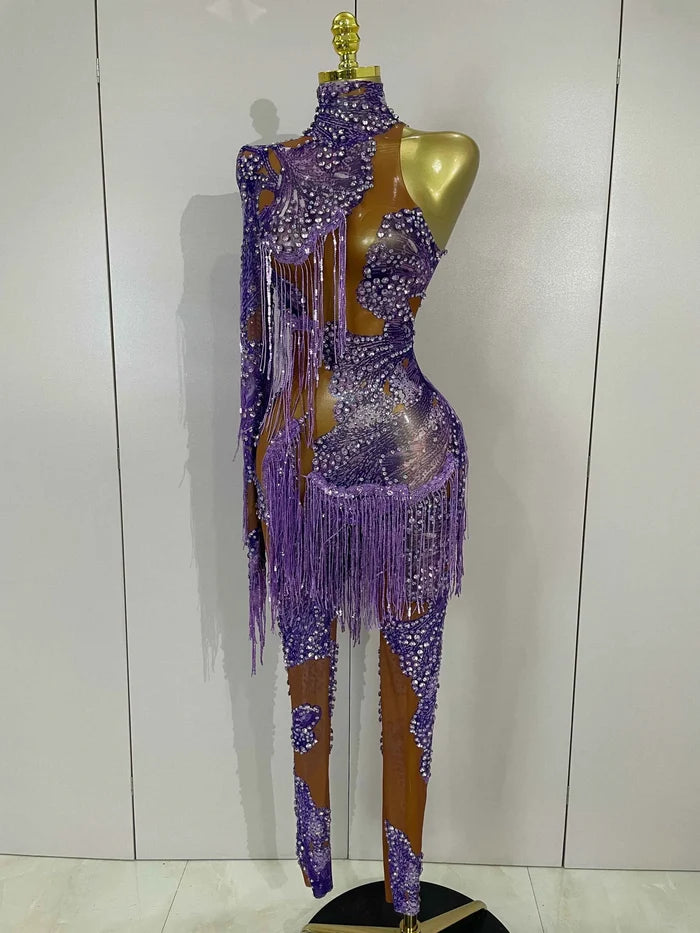 Leonna Purple Diamond Tassel One Shoulder Mesh Jumpsuit