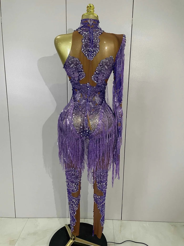 Leonna Purple Diamond Tassel One Shoulder Mesh Jumpsuit
