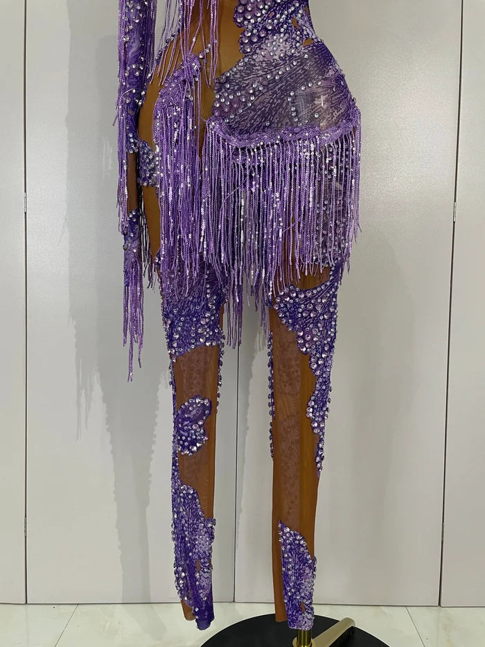 Leonna purple diamond tassel one shoulder mesh jumpsuit for women. Sparkly outfit for festivals, birthdays, nightlife, and stage wear.