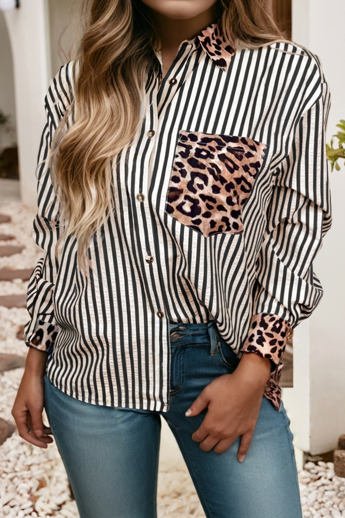Leopard & Stripes Button Up Blouse