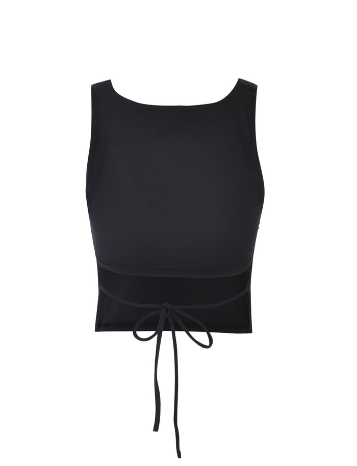 The LERO TOP - BLACK by TIGERMIST is a chic, sleeveless crop top featuring a fitted design and round neckline. It includes a fabric tie at the waist for an adjustable fit and is made from smooth, slightly stretchy material, ensuring both comfort and style. Displayed against a plain white background.