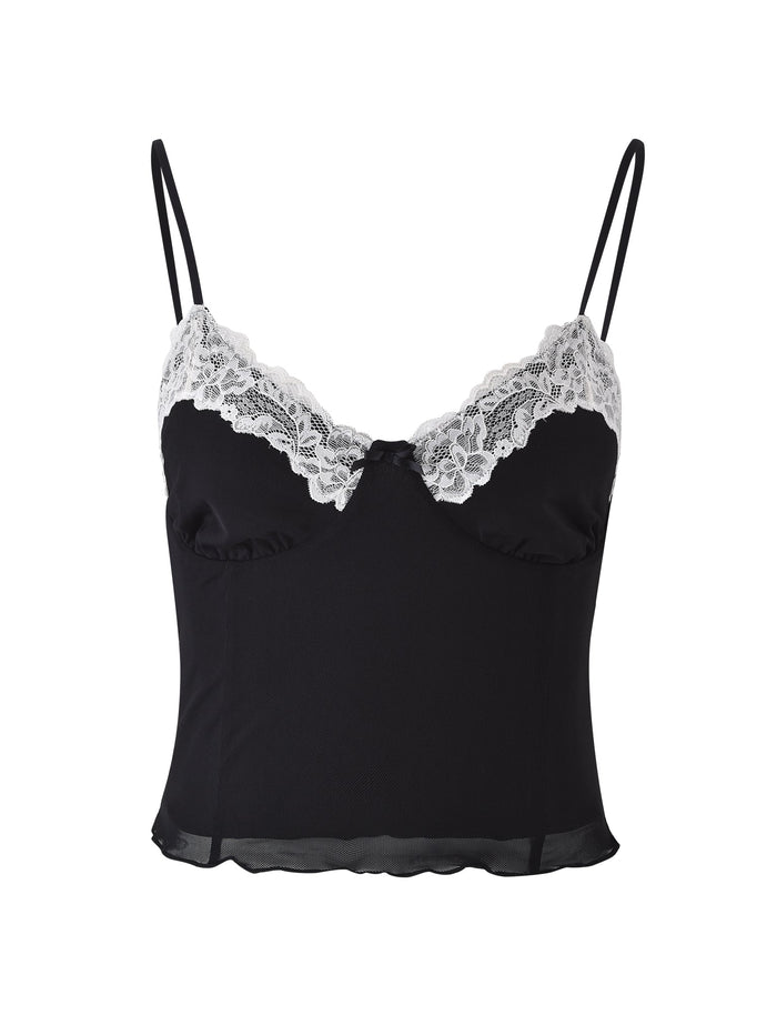 Introducing the LEYLA TOP – BLACK by TIGERMIST: a black camisole with thin black straps, showcasing a V-neckline adorned with white lace trimming. This top features a slightly flared hem, offering a delicate and feminine design. The lace detail adds a touch of elegance to the smooth, minimalist fabric.