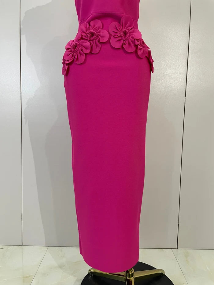 Liane 3D flower sleeveless bodycon bandage gown for women. Elegant luxury dress for parties, weddings, and evening events.