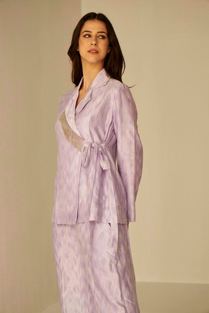 Lilac- Wrap Jacket And Pants Set In Shibori, exclsive in house created print inspired by the architecture of Uzbekistan, BeTrue, Be True