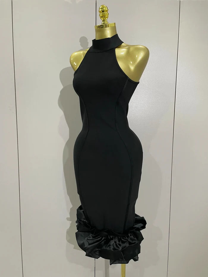 Lily sexy high collar ruffle black sheath sleeveless bandage dress