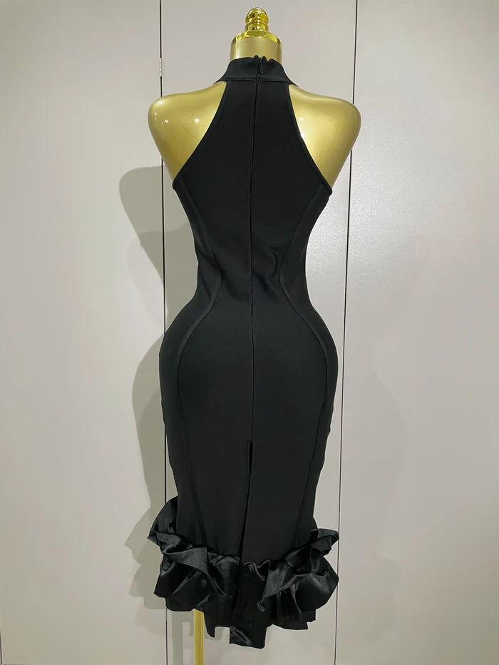 Lily sexy high collar ruffle black sheath sleeveless bandage dress