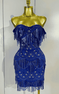 Linda blue off shoulder sequin tassel bodycon dress for women. Sparkly party outfit for birthdays, nightclub, and evening events.