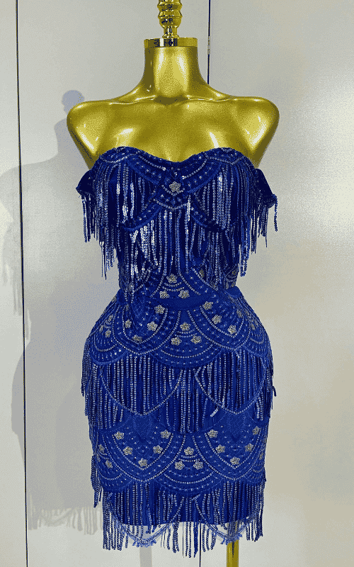 Linda blue off shoulder sequin tassel bodycon dress for women. Sparkly party outfit for birthdays, nightclub, and evening events.