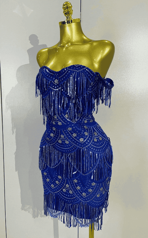 Linda blue off shoulder sequin tassel bodycon dress for women. Sparkly party outfit for birthdays, nightclub, and evening events.