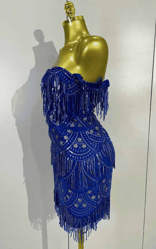 Linda blue off shoulder sequin tassel bodycon dress for women. Sparkly party outfit for birthdays, nightclub, and evening events.