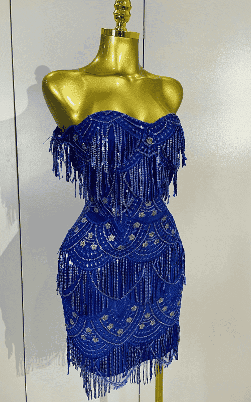 Linda blue off shoulder sequin tassel bodycon dress for women. Sparkly party outfit for birthdays, nightclub, and evening events.