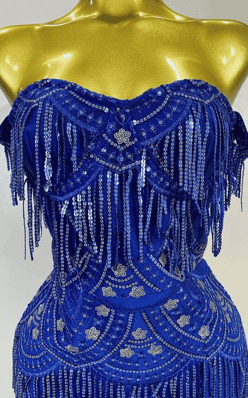 Linda blue off shoulder sequin tassel bodycon dress for women. Sparkly party outfit for birthdays, nightclub, and evening events.