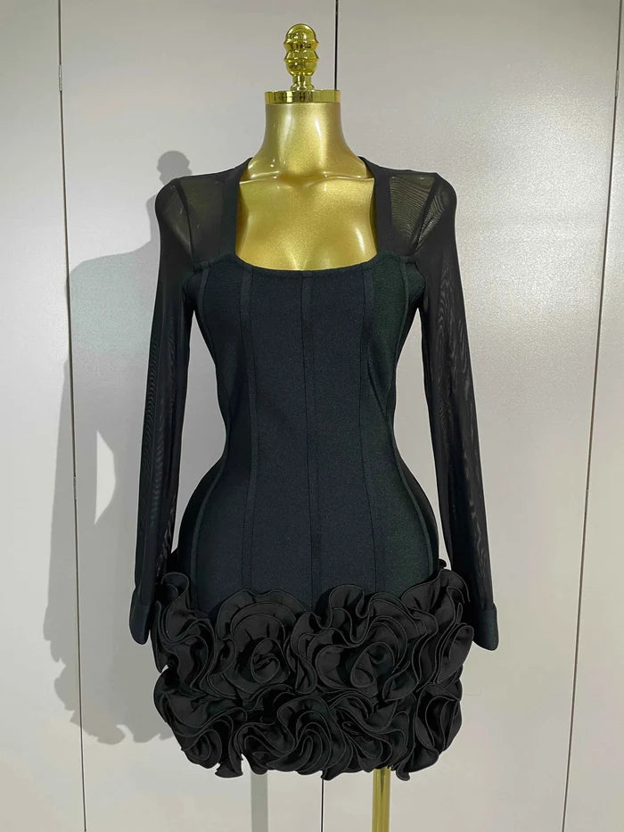 Liora 3D Red Black Rose Flowers Mesh Long Sleeve Bandage Mini Dress