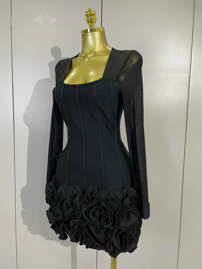 Liora 3D Red Black Rose Flowers Mesh Long Sleeve Bandage Mini Dress