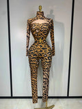 Liora Leopard Gold Rhinestones Spandex Jumpsuit