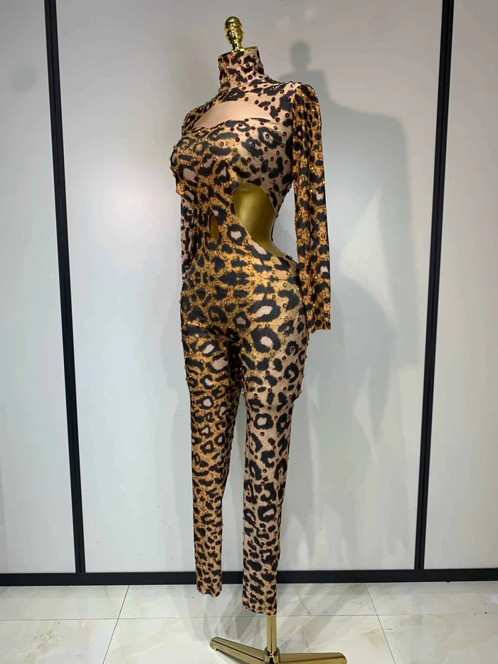 Liora Leopard Gold Rhinestones Spandex Jumpsuit