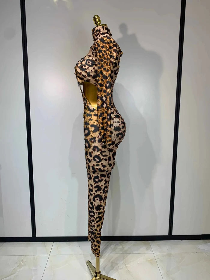 Liora Leopard Gold Rhinestones Spandex Jumpsuit