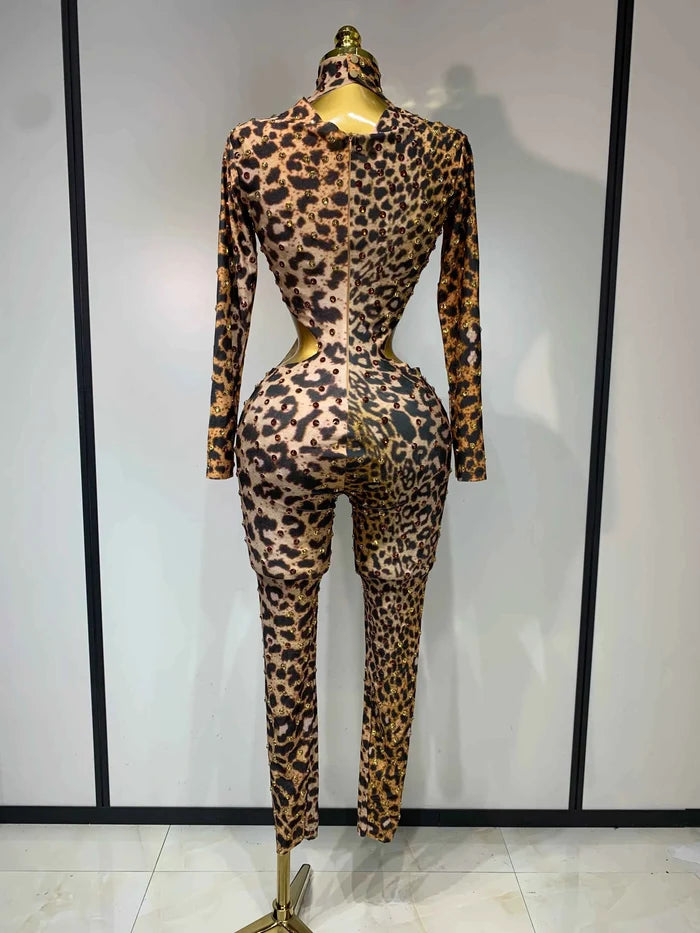 Liora Leopard Gold Rhinestones Spandex Jumpsuit