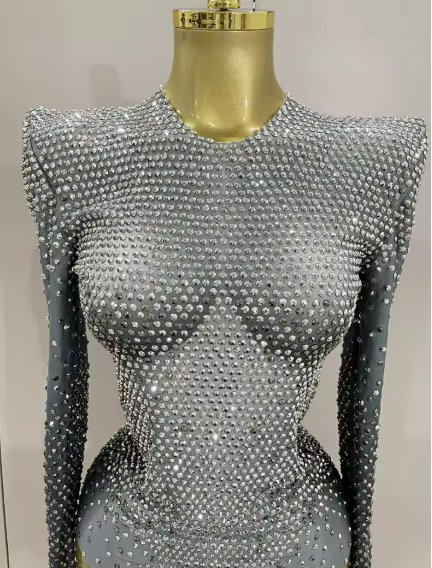 Liv Sparkly Silver Rhinestone Bodysuit with Long Sleeves