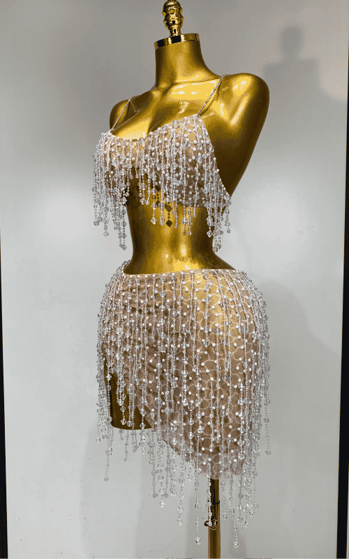 Loise diamond strap beaded two piece skirt set for women. Luxury outfit for prom, birthdays, stage wear, and evening parties.