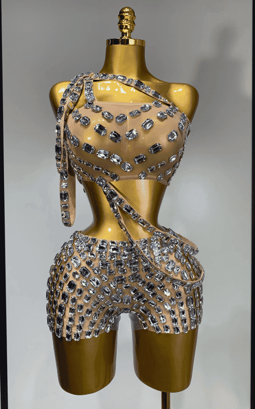Lola diamond mesh two piece see through outfit for women. Sexy party set for nightclub, birthdays, stage performance, and events.
