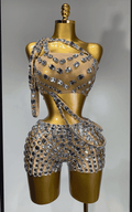 Lola diamond mesh two piece see through outfit for women. Sexy party set for nightclub, birthdays, stage performance, and events.