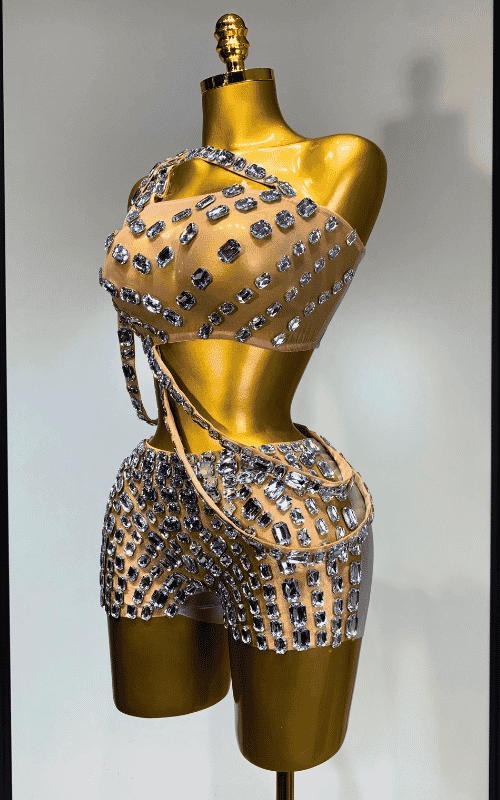 Lola diamond mesh two piece see through outfit for women. Sexy party set for nightclub, birthdays, stage performance, and events.