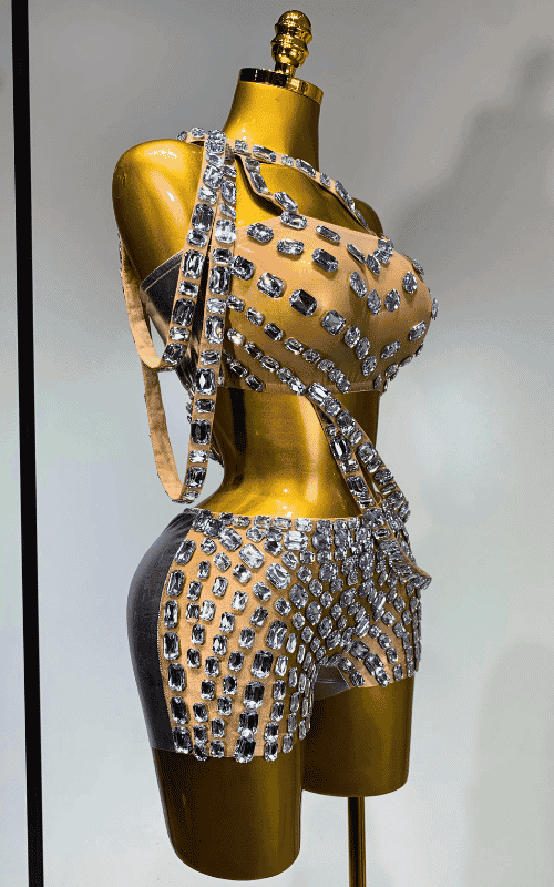 Lola diamond mesh two piece see through outfit for women. Sexy party set for nightclub, birthdays, stage performance, and events.