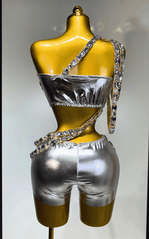 Lola diamond mesh two piece see through outfit for women. Sexy party set for nightclub, birthdays, stage performance, and events.