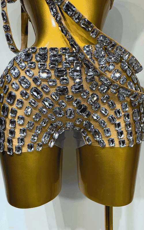 Lola diamond mesh two piece see through outfit for women. Sexy party set for nightclub, birthdays, stage performance, and events.
