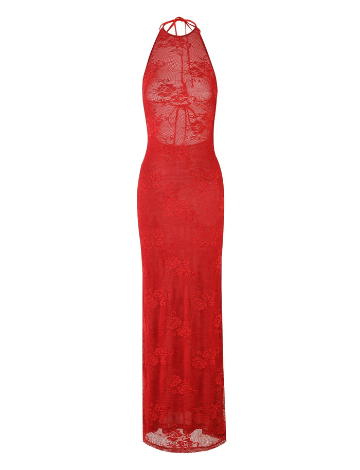 The LUCIA DRESS - RED : LACE from TIGERMIST is a form-fitting, red maxi dress with a high neckline and halter top design. It features an intricate floral lace pattern and has a sheer look, extending to the floor for an elegant and sensual appearance.