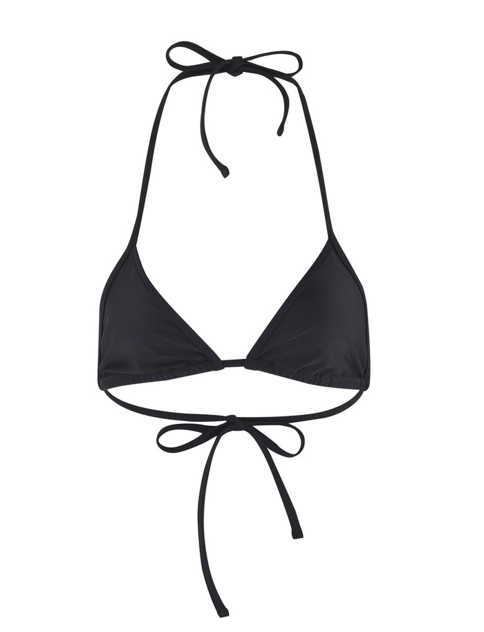 The LULA BIKINI TOP - BLACK by TIGERMIST features a black triangle design with thin straps. It includes ties that fasten behind the neck and at the back for an adjustable fit, and is crafted from a smooth, stretchy material.