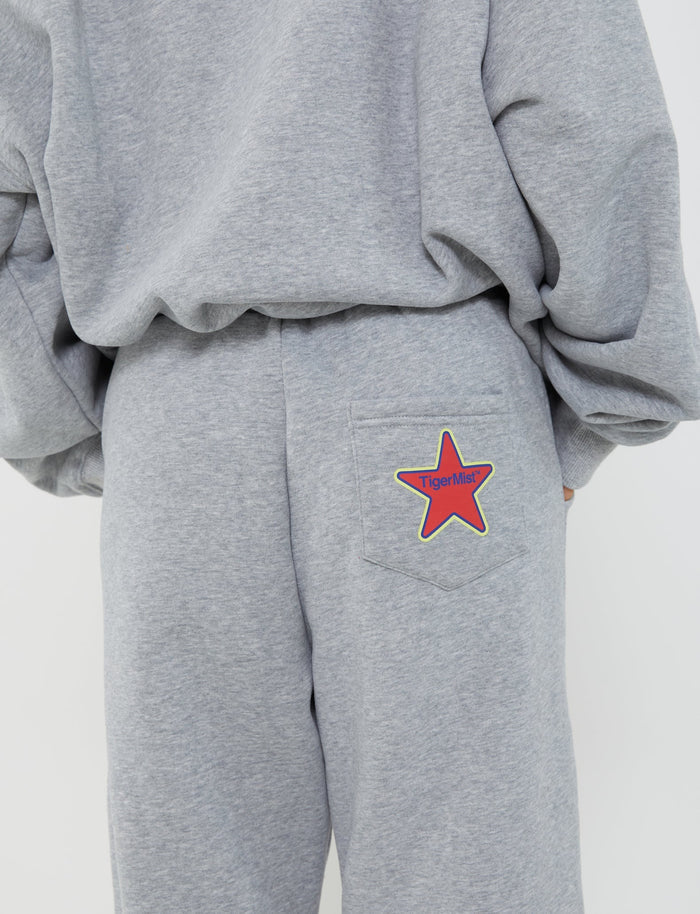 The image depicts the back view of a person wearing the LUMEN PANT - GREY by TIGERMIST. A red star patch with the word "TigerMar" can be seen on the right pocket of the sweatpants. The individual, giving off TIGERMIST vibes, is posed against a plain white background.
