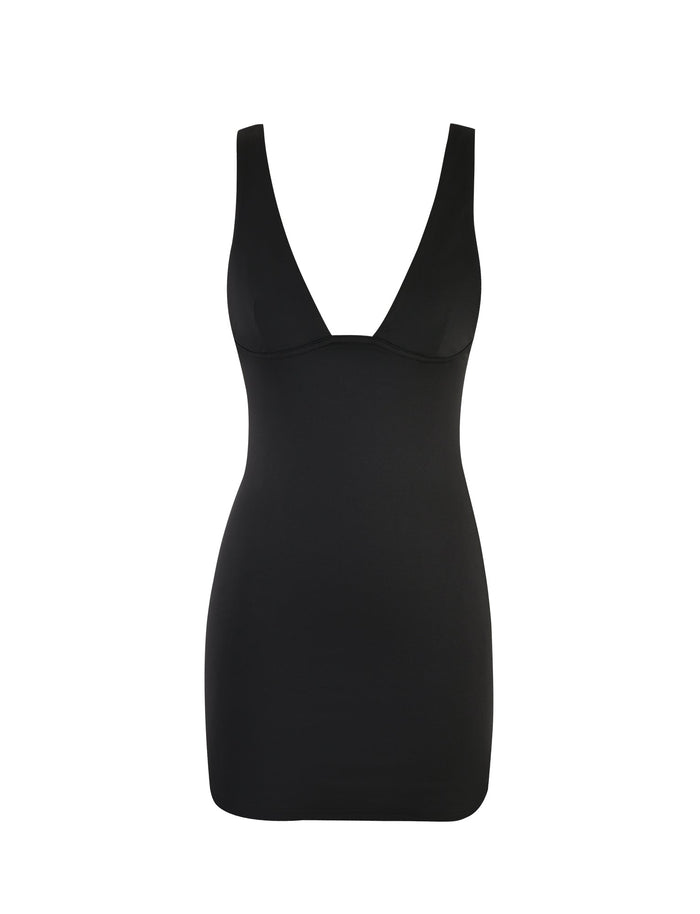 The LUNARIA MINI DRESS - BLACK from TIGERMIST is displayed against a plain white background. This sleeveless, form-fitting dress features a deep V-neckline and a minimalist design, showcasing its sleek and elegant look.